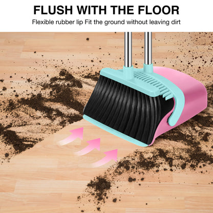 Broom and Dustpan Set, 52-in Long Adjustable Handle Broom Dustpan Combo with Dust pan Teeth to Automatically Clean Hair Suitable for Home Kitchen Office Hall Floor (Pink&Blue), 2 Pack