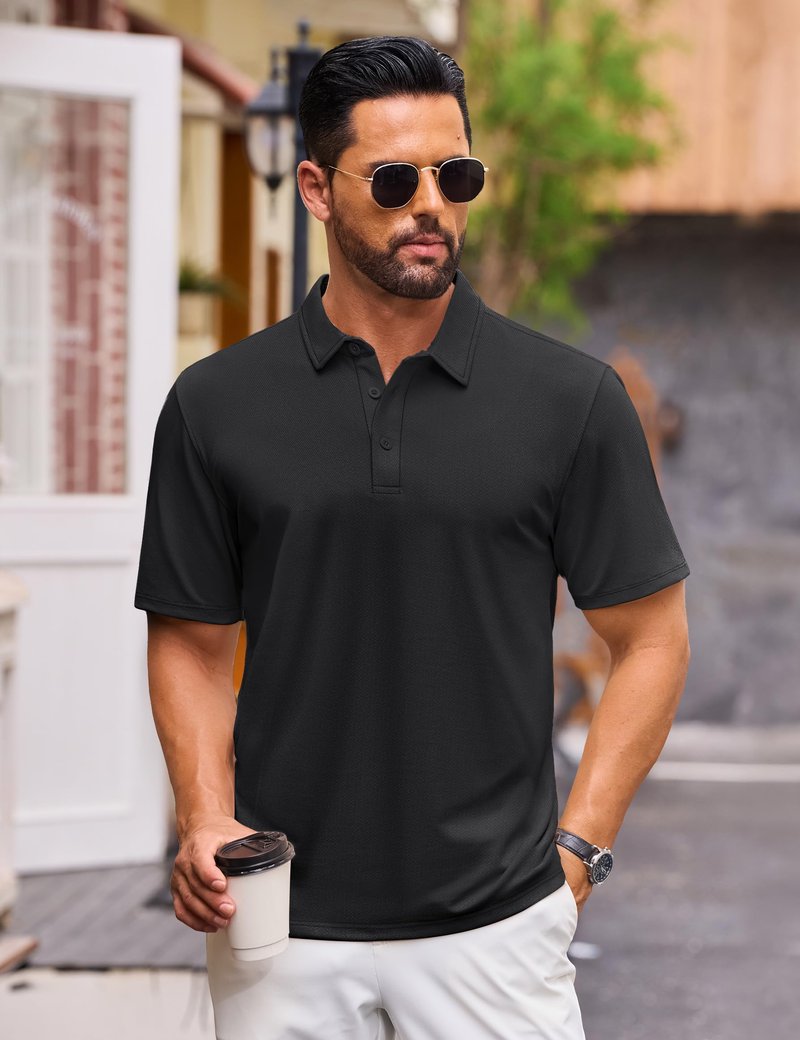 Cotrasen Men's Polo Shirts Short Sleeve Cotton Pique T-Shirts 3 Buttons Classic Fit Casual Lightweight Cooling Performance Golf Shirts Black L