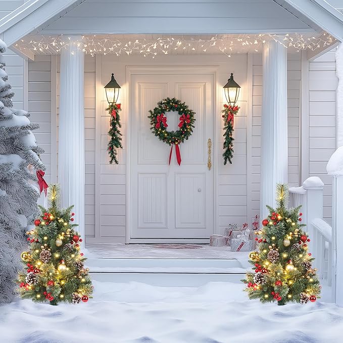 Set of 2 Outdoor Pathway Christmas Trees, 30in Artificial Xmas Tree with 35 LED Lights, 8 Lighting Modes & Timer, Red & Gold Berries, Ball Ornaments, Holiday Décor for Driveway, Porch, Yard