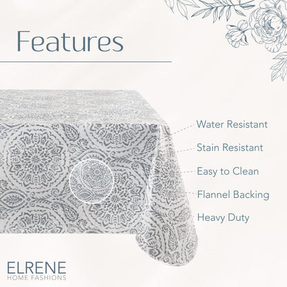 Elrene Home Fashions Savannah Boho Paisley Water and Stain Resistant Vinyl Indoor/Outdoor Tablecloth with Flannel Backing, 52"x52" Square, Gray