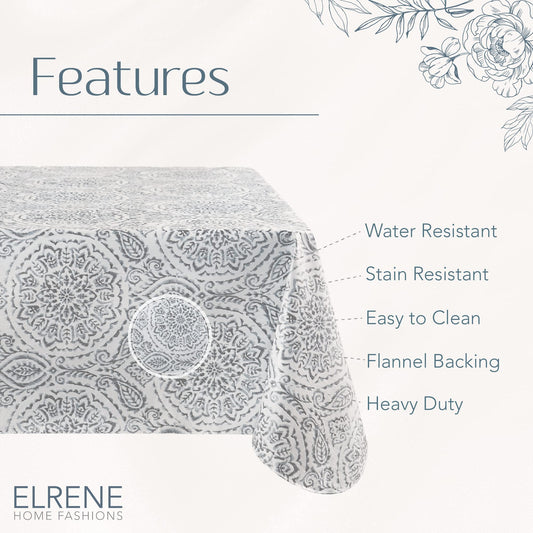 Elrene Home Fashions Savannah Boho Paisley Water and Stain Resistant Vinyl Indoor/Outdoor Tablecloth with Flannel Backing, 52"x52" Square, Gray