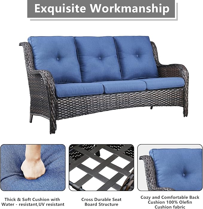 Rilyson Wicker Patio Furniture Set - 6 Piece Rattan Outdoor Sectional Conversation Sets with 2 Rocking Swivel Chairs,2 Ottomans and 2 Sofa for Porch Deck Garden(Brown/Blue)