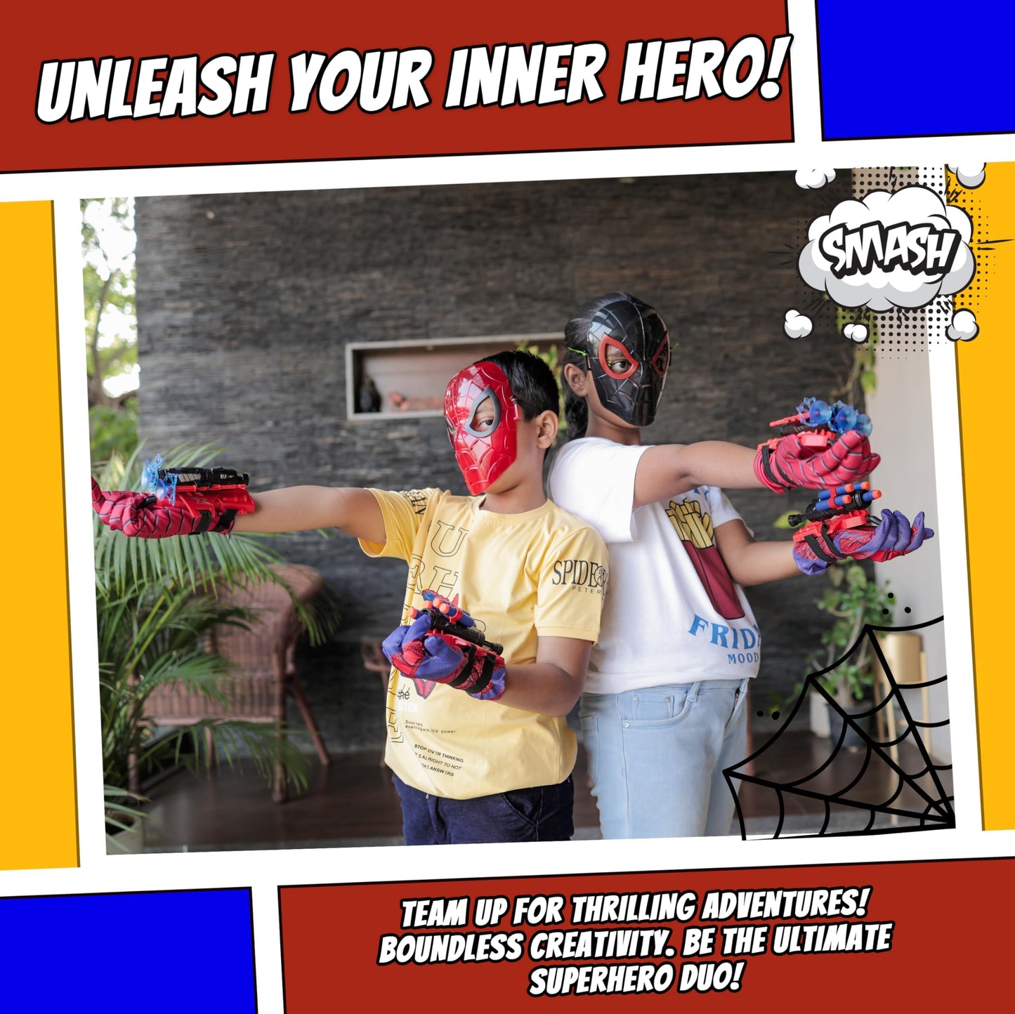 Superhero Web-Slinging Toy Set – 7-in-1 Superhero Set Includes 2 Web Shooters, 2 Hero Masks, 2 Gloves, and 1 Cape – Ideal for Indoor and Outdoor Costume Role-Playing, Imaginative Play for Kids Ages 3+