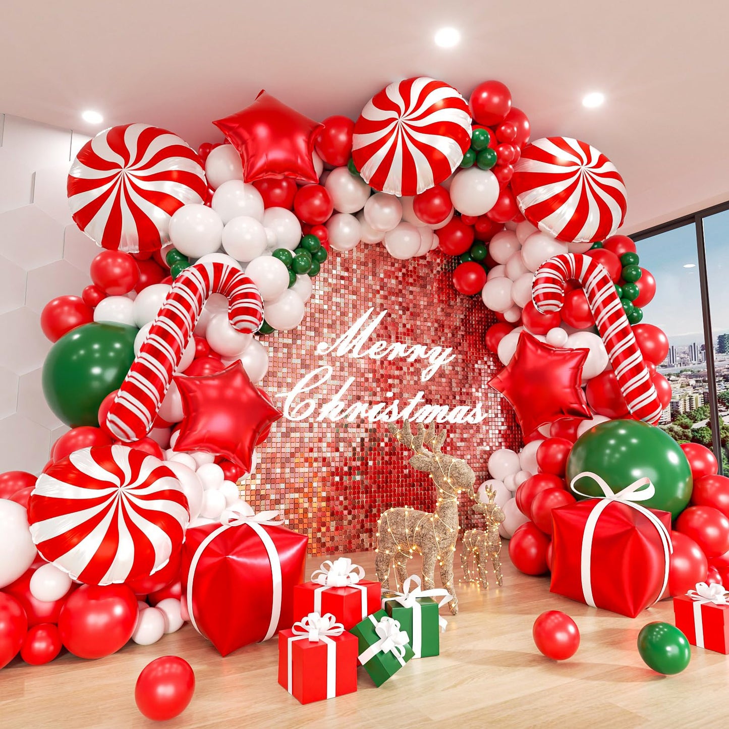 ADOINBY Christmas Balloon Arch Kit, 148Pcs Red, White, Green, Candy Cane, Gift Box, Red Candy, Red Star Party Balloon Garland Kit for Xmas Christmas New Year Birthday Party Decorations Supplies