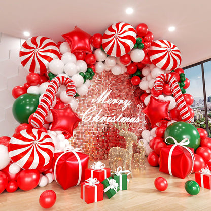 ADOINBY Christmas Balloon Arch Kit, 148Pcs Red, White, Green, Candy Cane, Gift Box, Red Candy, Red Star Party Balloon Garland Kit for Xmas Christmas New Year Birthday Party Decorations Supplies