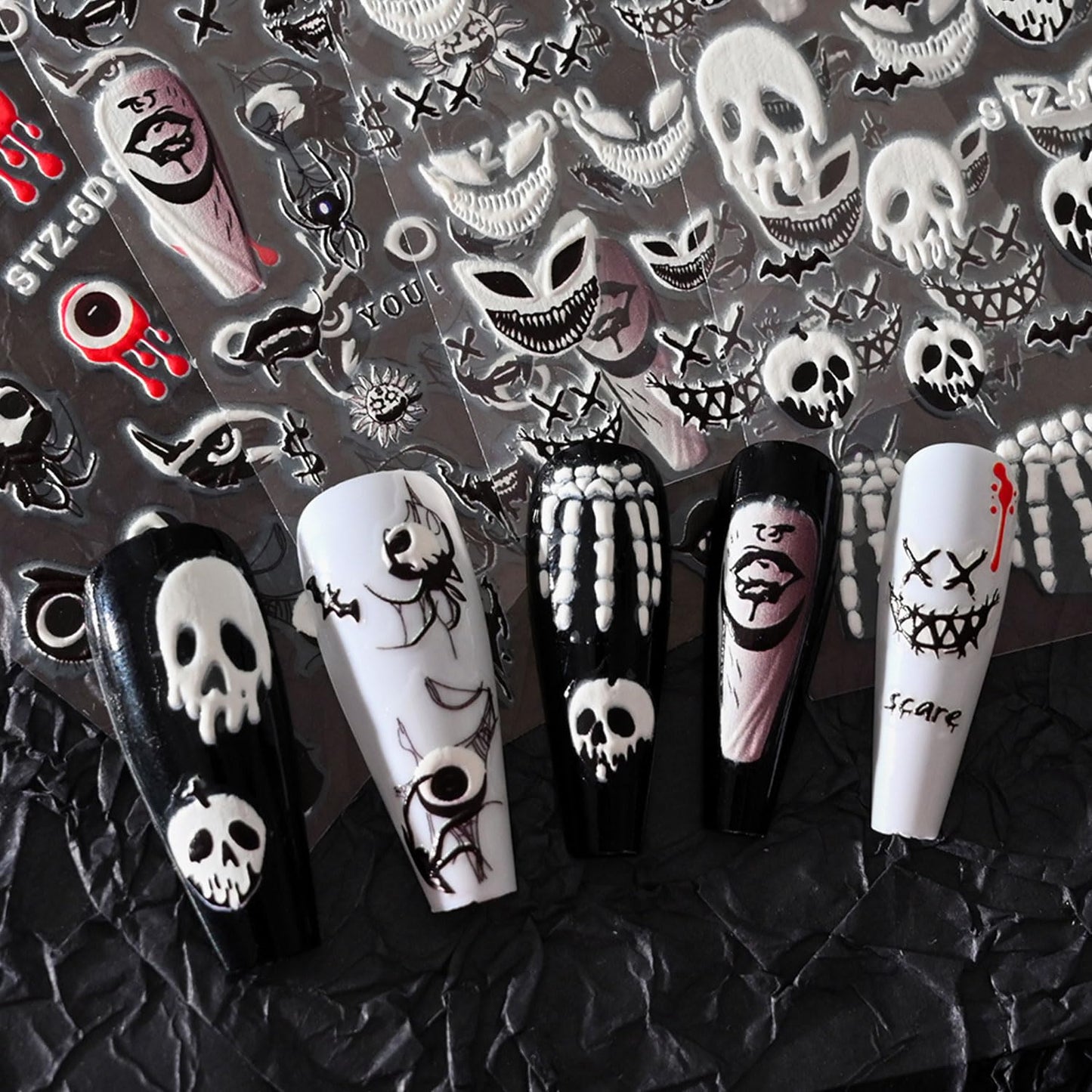 5D Embossed Halloween Nail Art Stickers Day of Death Black Lip Nail Sticker Decal Nail Art Decoration Supplies Horror Spooky Spider Evil Eye Skull Bone Halloween Self-adhesive Nail Design for Women Girls (halloween-1)