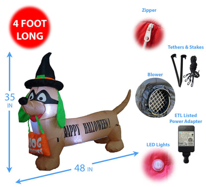 BZB Goods 4 Foot Long Illuminated Halloween Inflatable Dog with Witch Hat and Mask Decoration