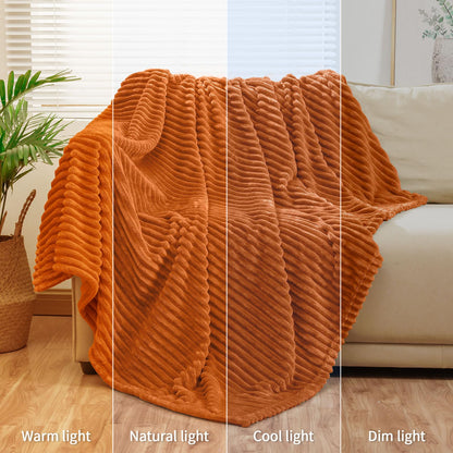 Bnuitland Burnt Orange Flannel Throw (50X71 inches) with Pillow Cover(18×18"),300GSM Super Soft Fleece Stripe Pattern Sofa Blanket, Lightweight Cozy Bed Throw for Home Decor All Season