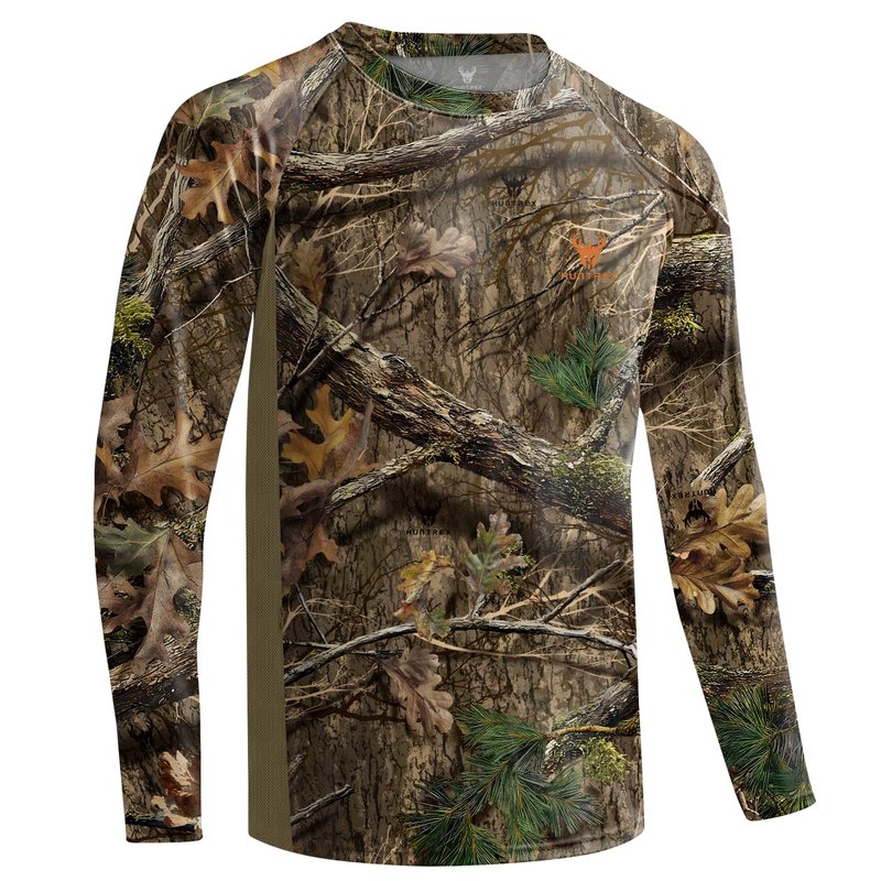 Huntrex Men's Camo Hunting Shirt with Zipper Pocket – UPF 50+ Fishing Shirts Sun Protection Long Sleeve Quick-Drying (Misty Thicket,L)