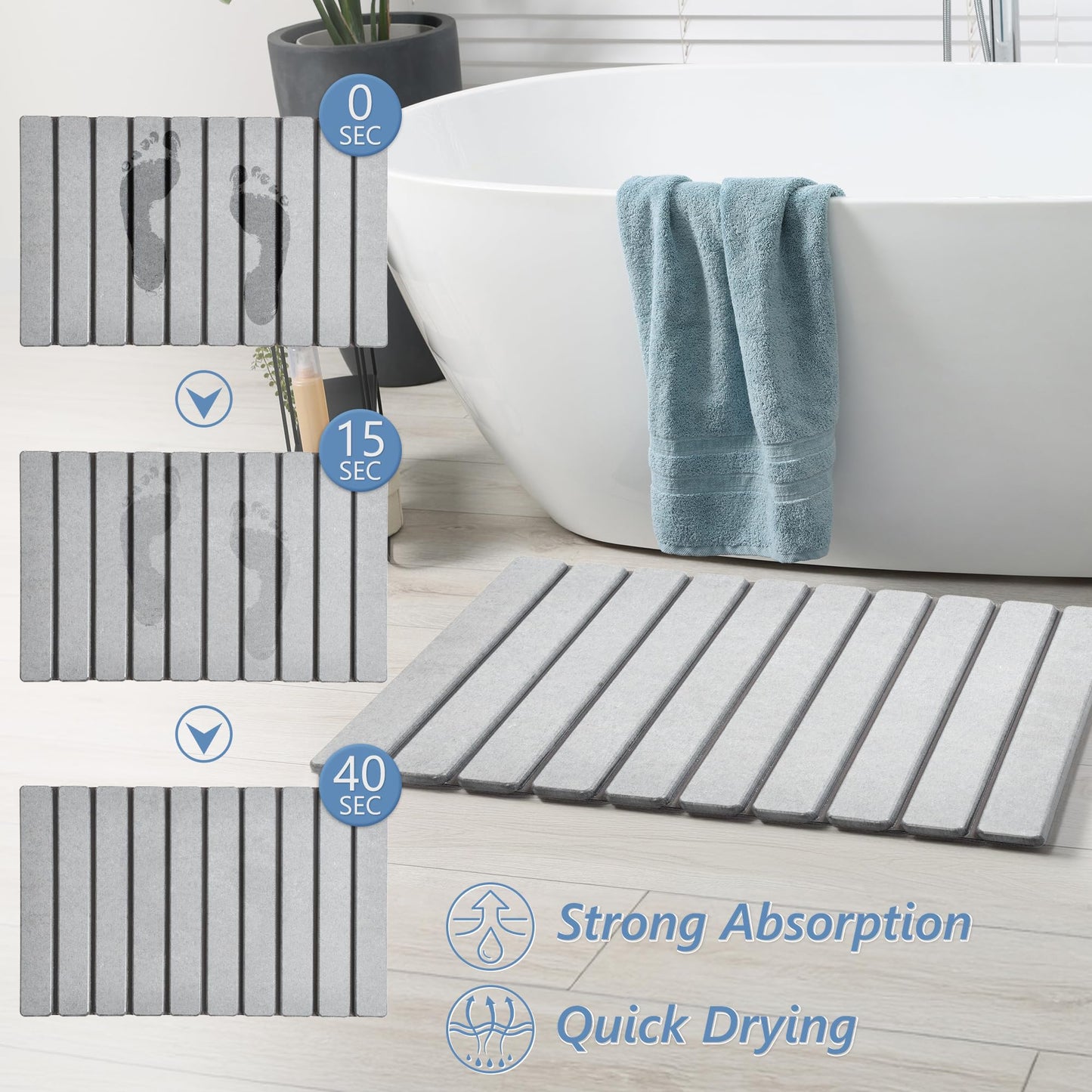 AWW Foldable Stone Bath Mat, Super Absorbent Diatomite, Non-Slip Quick Drying Mat, Compact, Light Grey, 23.6x15.5 Inches