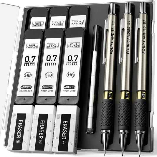Four Candies Metal Mechanical Pencil Set - 3PCS 0.7mm Art Mechanical Pencils & 360PCS HB Lead Refills & 3PCS Erasers & 9PCS Eraser Refills, Drawing Mechanical Pencils for Writing, Sketching-With Case