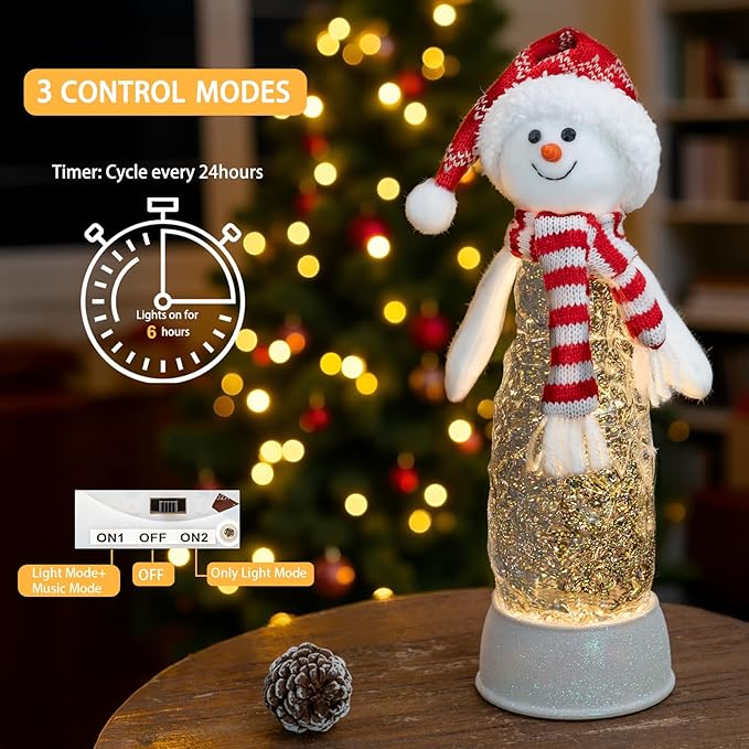 Christmas Snowman Decorations, Lighted Snowman Plush Swirling Glitter Musical Christmas Snow Globe, Christmas Water Lantern Ornaments for Festival Decoration Gifts