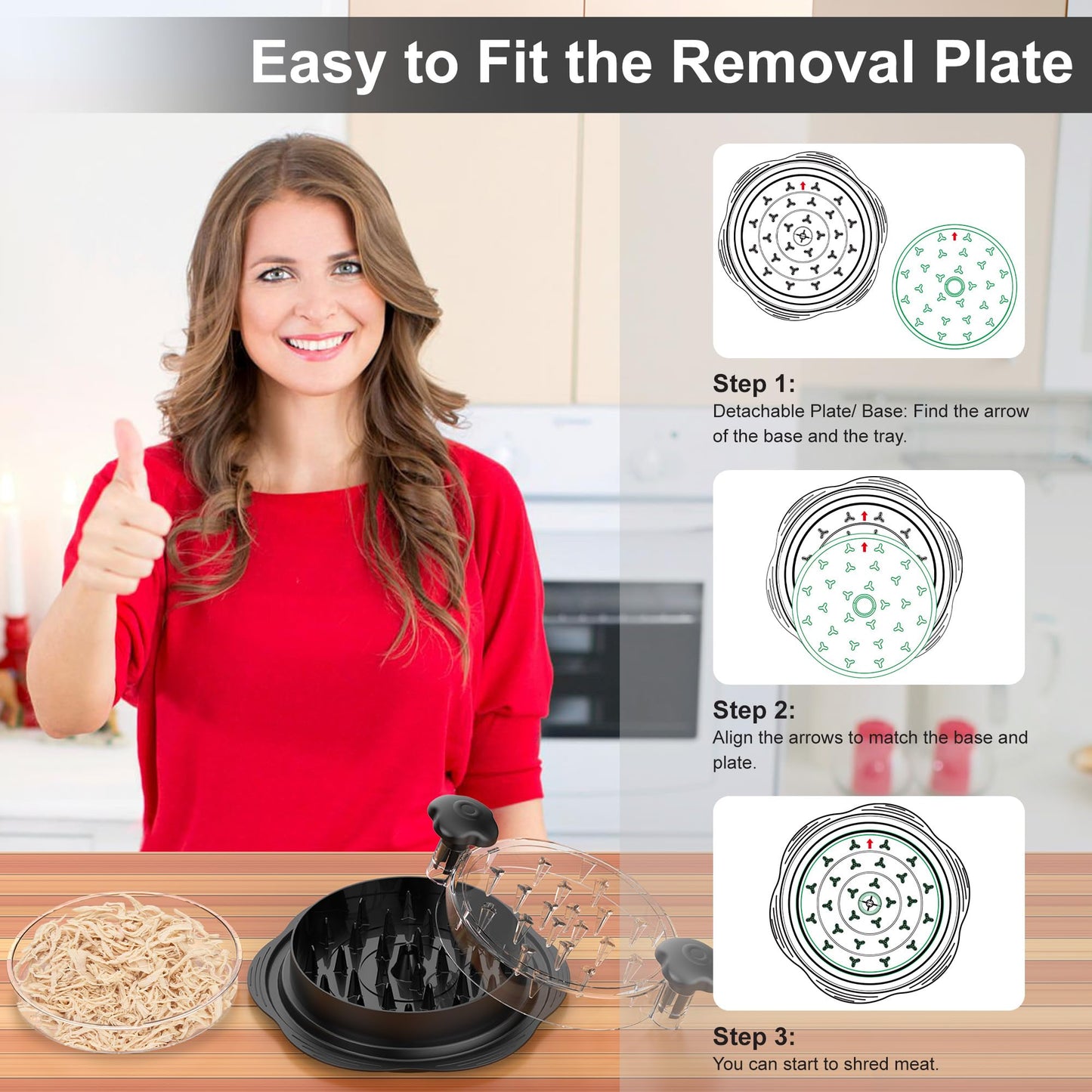 Chicken Shredder with Removable Plate - Manual Meat Shredder Tool with Transparent Lid & Cleaning Brush, Dishwasher Safe Kitchen Gadget for Shredding Chicken, Pork, Beef, Pulled Pork(Black)