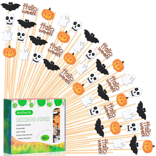 Halloween Cocktail Picks Halloween Theme Skull Ghost Pumpkin Bat Decorations Long Toothpicks Fruit Sticks Skewers Topper for Appetizer Charcuterie Food Sandwich Cupcake Halloween Themed Party Supplies