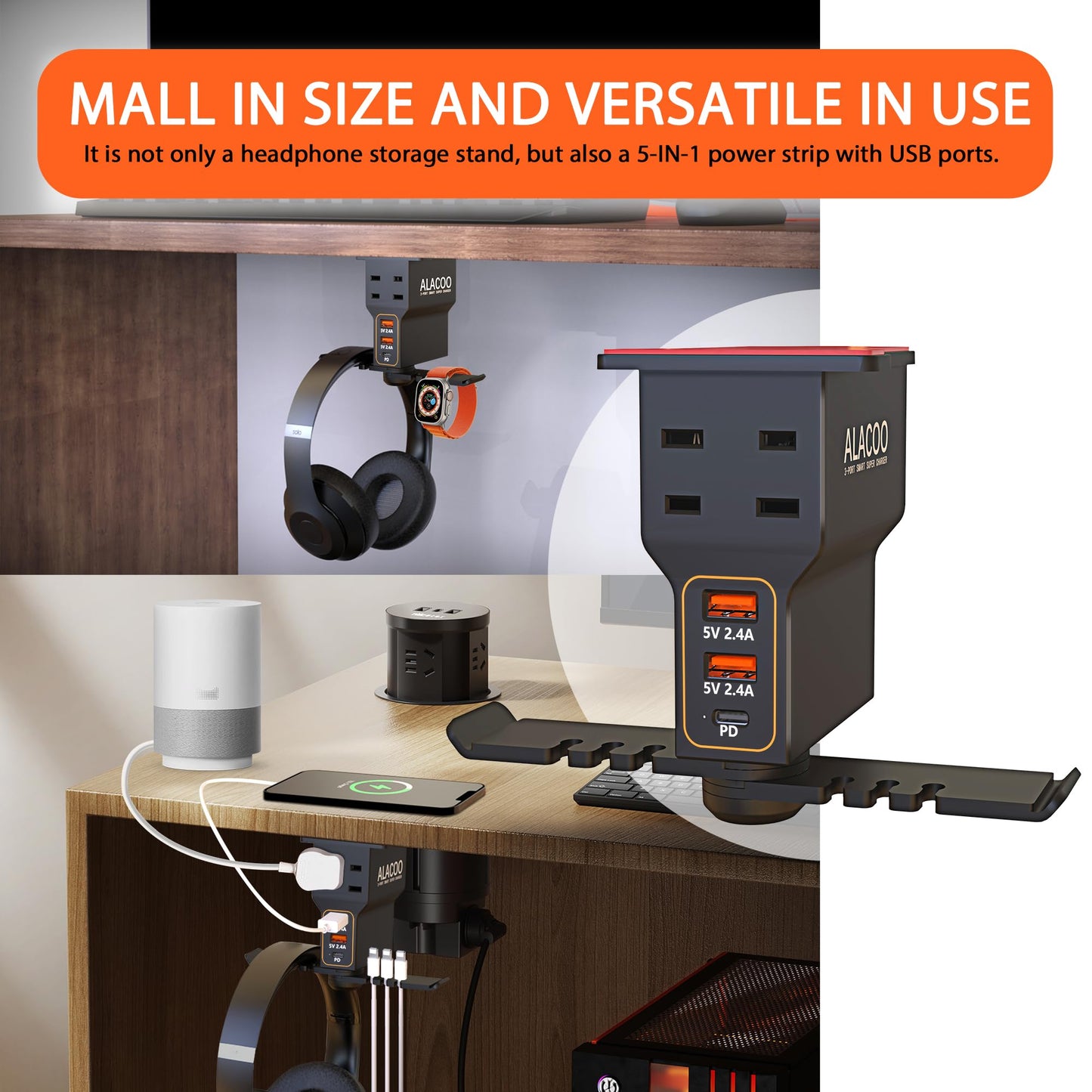 ALACOO Headset Holder for Desk, Dual Headphone Stand, PC Gaming Headphones Hanger Hook Under Desk with (QC3.0) 3 USB Charging Station & 2 AC Outlet(800W) for All Earphone Accessories Gamer Gift