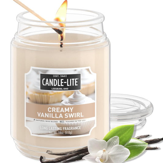 Candle-lite Fall Scented Candles, Creamy Vanilla Swirl, 18 oz Jar, Proudly Poured in The USA, Aromatherapy Candle, Single-Wick with 110 Hours of Burn Time, Perfect for Creating a Relaxing Ambiance