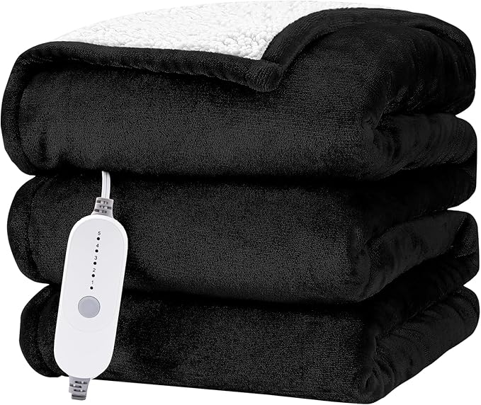 HYLEORY Heated Electric Blanket Full 72"x84" Soft Fleece & Flannel with 5 Heating Levels & 10 Hours Timer Auto Shutt Off, ETL Certified, Washable，Heated Blanket for Body-Black