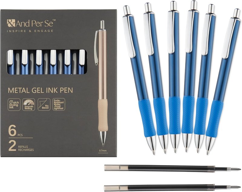 Premium Metal Gel Pens - 6 Pack with 2 Extra Refills | Blue Barrel, 0.7mm Medium Point for Smooth Writing