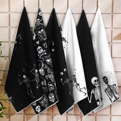 Bencailor 6 Pcs Halloween Skull Kitchen Towels Skeleton Dish Hand Towels Gothic Skull Tea Washcloth for Halloween Party Gifts Bathroom Kitchen Decor 24 x 16''