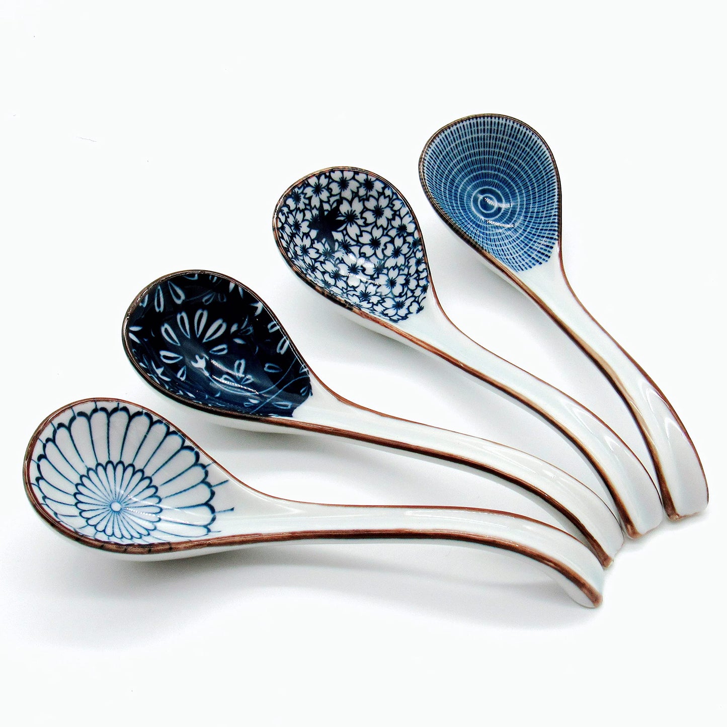 JOBNTZ Asian Soup Spoon,Ceramic Ramen Spoons Japanese Style for Pho, Miso soup, Dumpling, Noodles, Chinese Wonton Dishwasher safe - Set of 4 - Blue