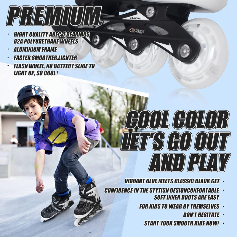 Nattork Adjustable Inline Skates for Kids Boys & Girls, Blue Black Red with Light up Wheels, Youth Blade Roller Skating for Beginners Ages 3-15