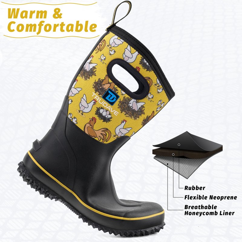 Trudave Rubber Boots for Women, Mid Calf Rain Boots, Womens Waterproof Boots, Neoprene Insulated Outdoor Work Mud Boots for Hunting Farming Gardening Fishing, Chicken, Size 7