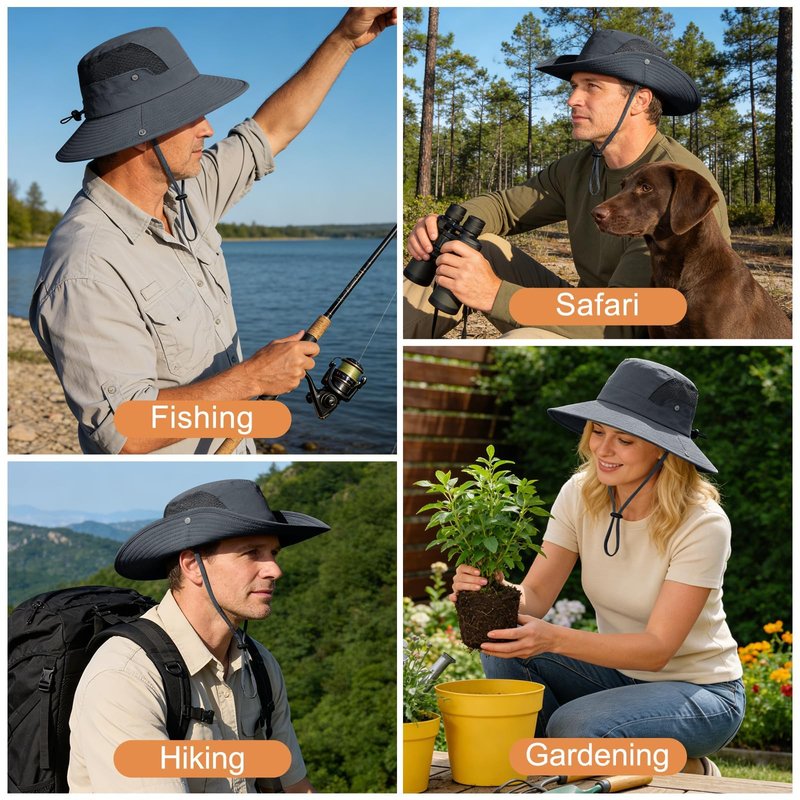Sun Hat for Men Women UV Protection Wide Brim Fishing Hats Breathable UPF 50+ Waterproof Boonie Bucket Hats Beach Safari Hiking Garden Dark Grey