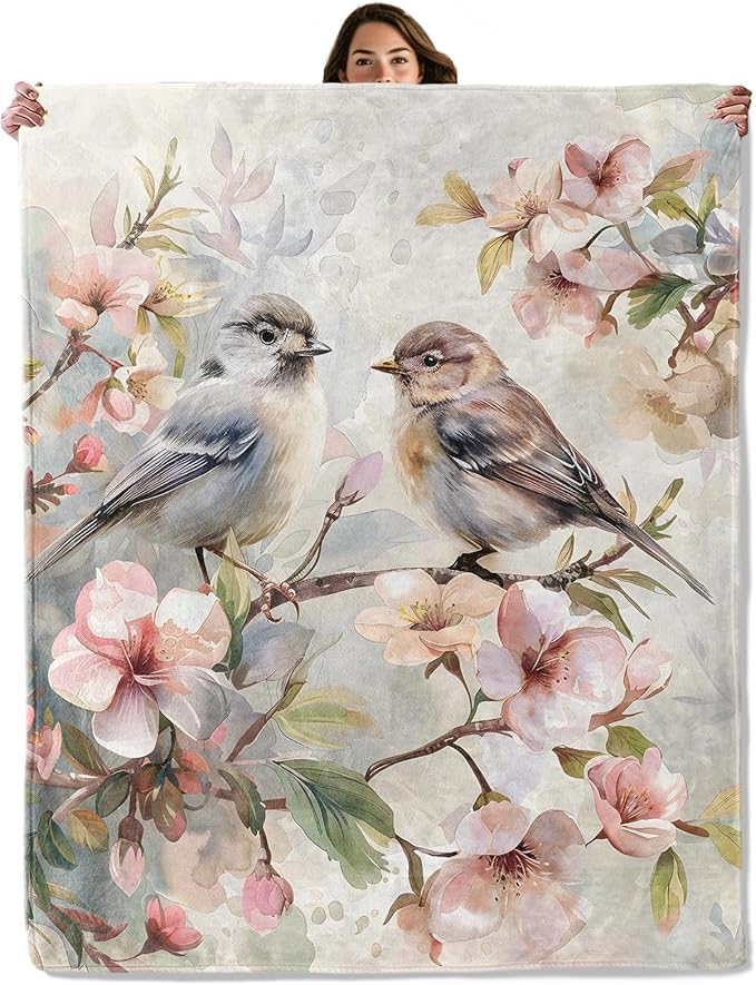 Spring Bluebird Blossom Throw Blanket for Boys Girls Kids Women, Pink Flower Design, Fuzzy Warm Soft Cozy Flannel Blankets Gifts for Bedroom, Couch, Travel, Home Decor 50x60 in