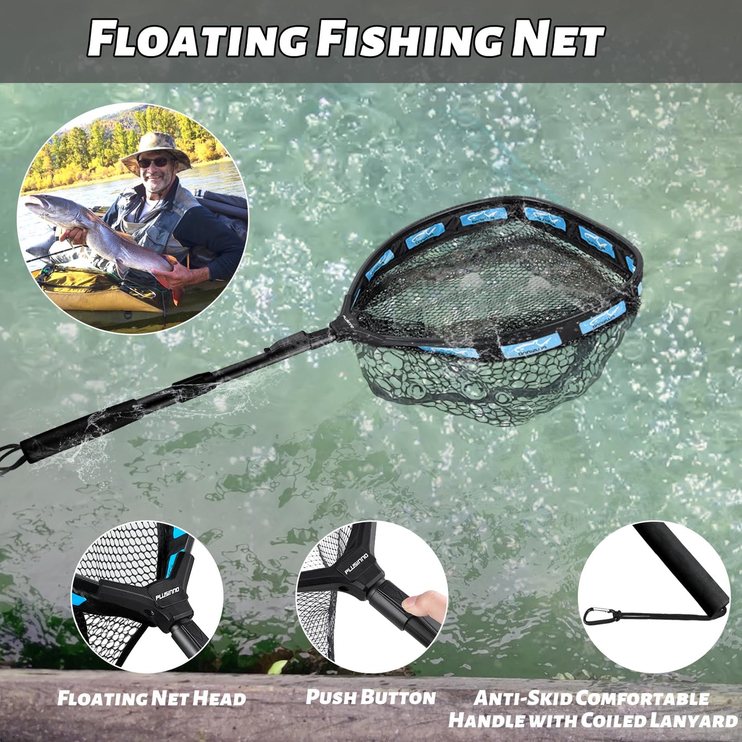 PLUSINNO Fishing Net Fish Floating Landing Net, Kayak Nets with Fixed Foldable Telescopic Pole Handle, Bass Trout Fishing Nets with Nylon Mesh for Pond Lake River, Fishing Gear Gifts for Men,Blue 1.5M