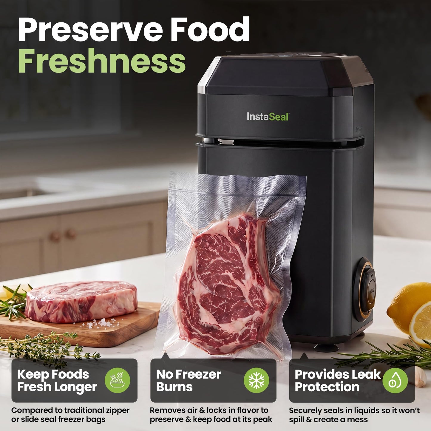 InstaSeal Vacuum Sealer for Food with 12 Bags, Preserves Foods 5x Longer, Space Saving Compact Upright Design Allows Machine to Heat Seal Marinades, Soups, Meats for Sous Vide Cooking