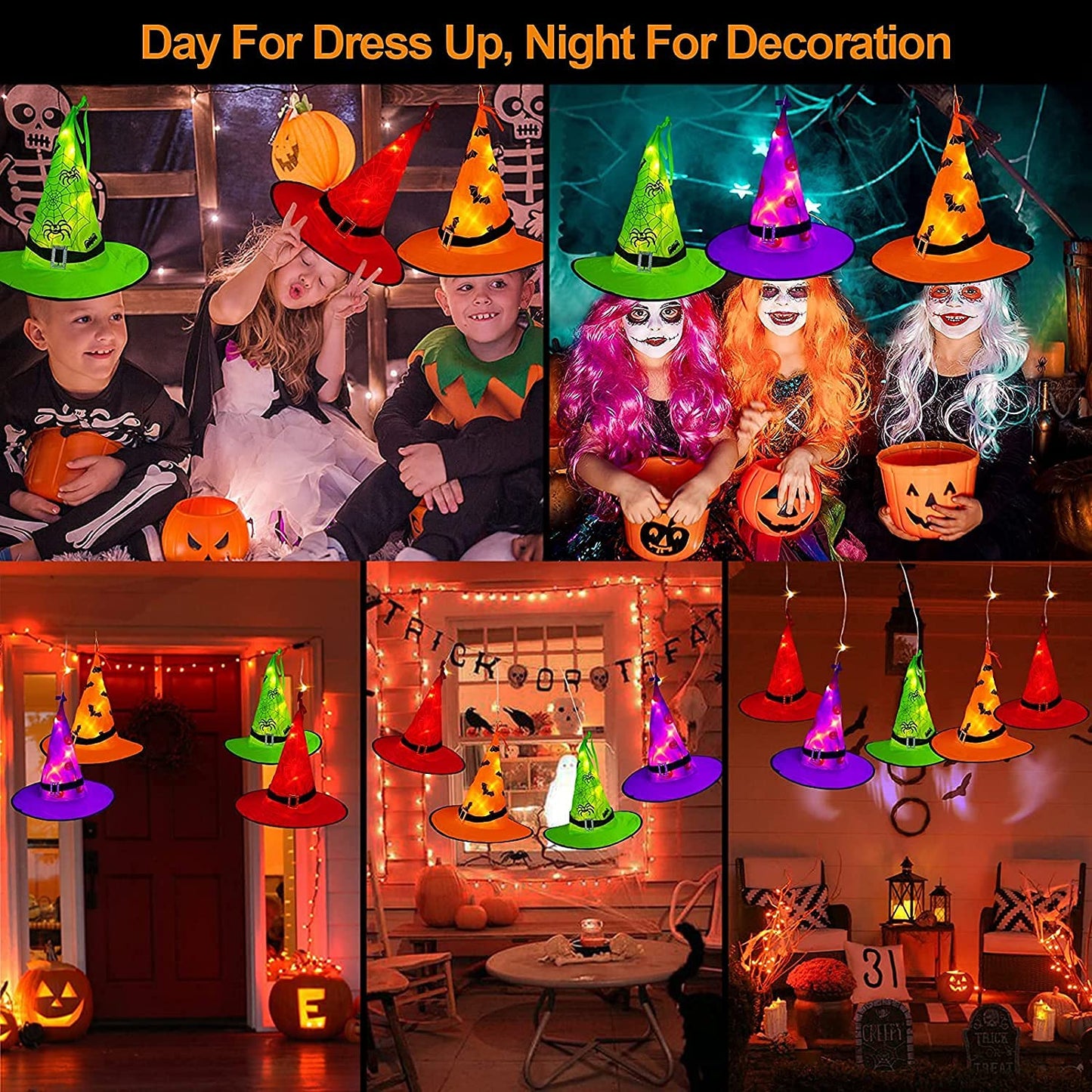 MZD8391 Halloween Decorations Lighted Witch Hats, 8Pcs Hanging Glowing Witch Hats 44ft Halloween Outdoor Lights String with 8 Lighting Modes for Outdoor, Garden, Yard, Tree