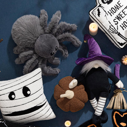 Phantoscope Happy Halloween Spider Shaped Throw Pillow, Faux Fur Fluffy Tarantula Shaped Halloween Cushion Pillow, Deep Gray, 9.5 x 16 inch