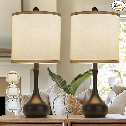23" Black Metal Modern Table Lamp Set of 2,Farmhouse Bedside Lamps for Living Room, 3 Color Temperature Rustic Table Lamps for Bedroom, Night Stands, Dorm,Office, Home Décor(Bulb Included)