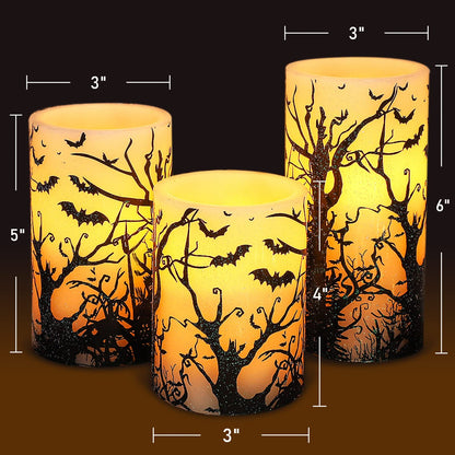 FLAVCHARM Halloween Decor Flameless Candles Set of 3 Black Spooky Bats Decal Flickering Candles Battery Operated with Remote Real Wax LED Pillar Candles for Halloween Party Horrible Theme Decor