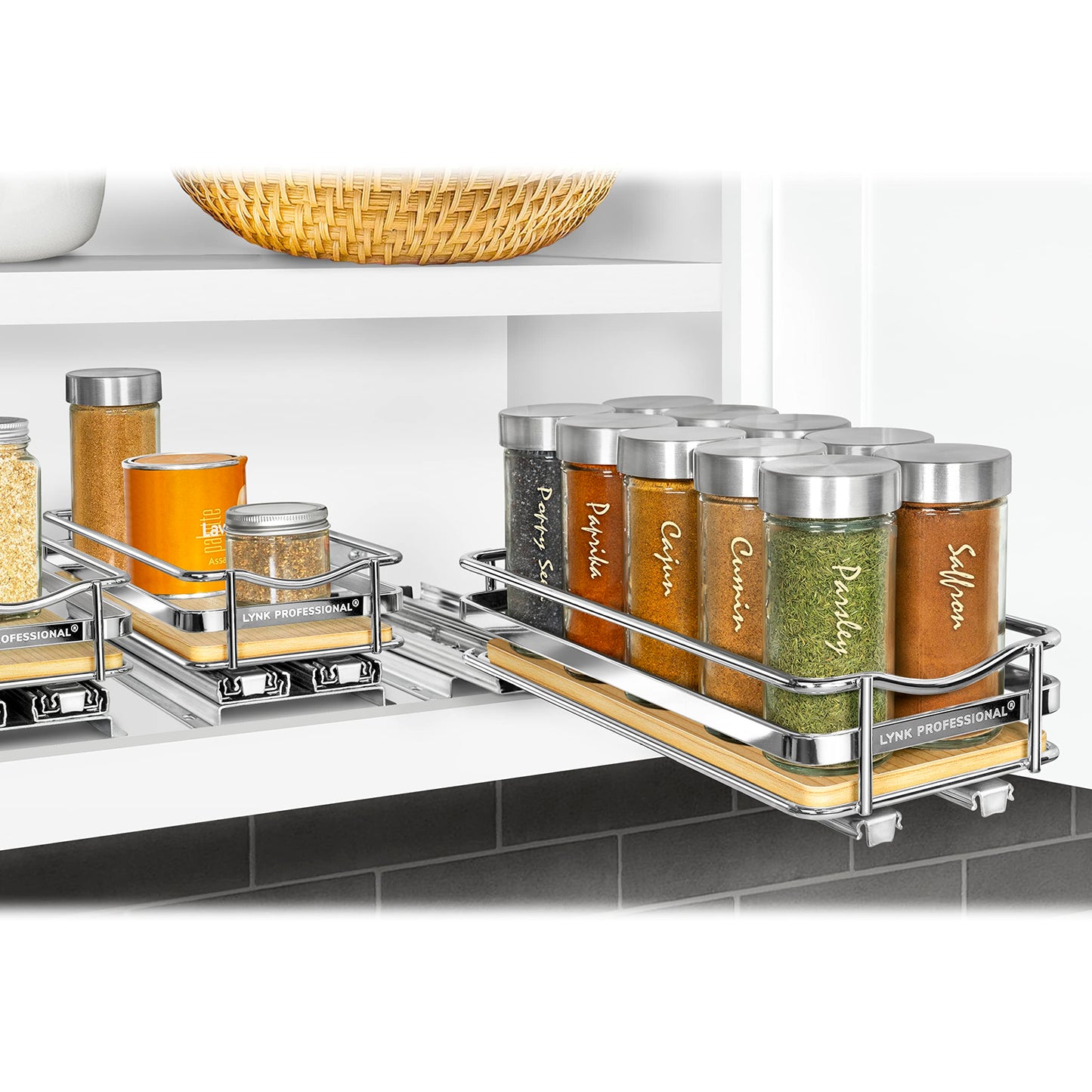LYNK PROFESSIONAL® Pull Out Spice Rack Organizer for Inside Kitchen Cabinets - 4-1/4 inch Wide - Slide Out Drawer – Chrome Sliding Spice Cabinet Organization Shelf Racks - 2 Tier