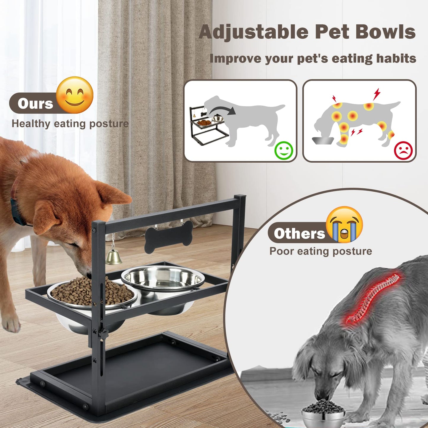 Elevated Slow Feeder Bowls for Large Dogs - Adjustable Height, 2 Stainless Steel Bowls, Spill-Proof Mat - Great for Medium Dogs Too (Black)