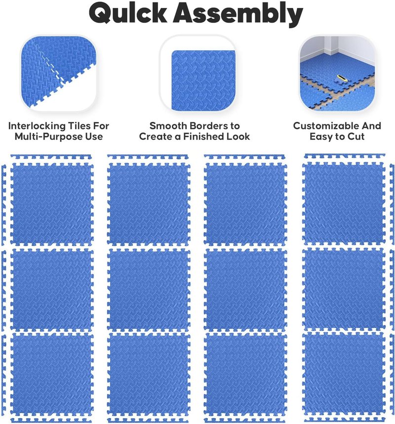 32 Pack Interlocking Foam Exercise Mats - Durable EVA Puzzle Tiles for Home Gym & Kids' Play Areas | Blue, 24 in x 24 in x ½ in