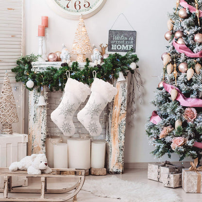 Ushinemi Christmas Stockings Large White Christmas Stocking with Silver Snowflake Cross Stitch, Fur, 2 Pack