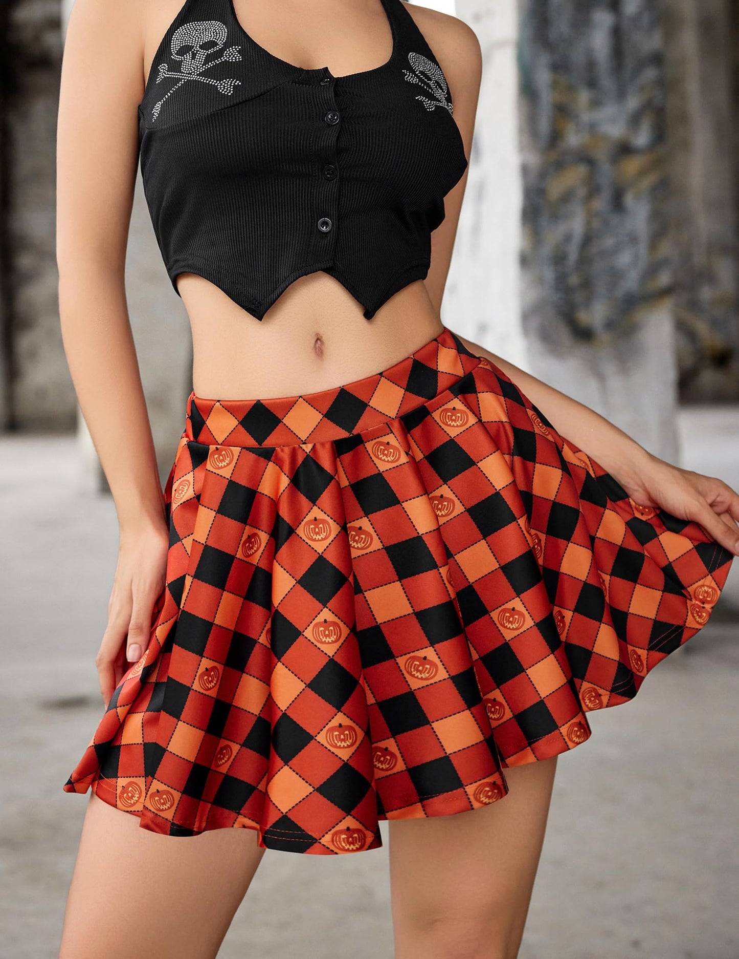Avidlove Halloween Skirt for Women Pleated Skirt Cosplay Costume A Line Mini Short Skirt (Pumpkin Plaid, X-Large)