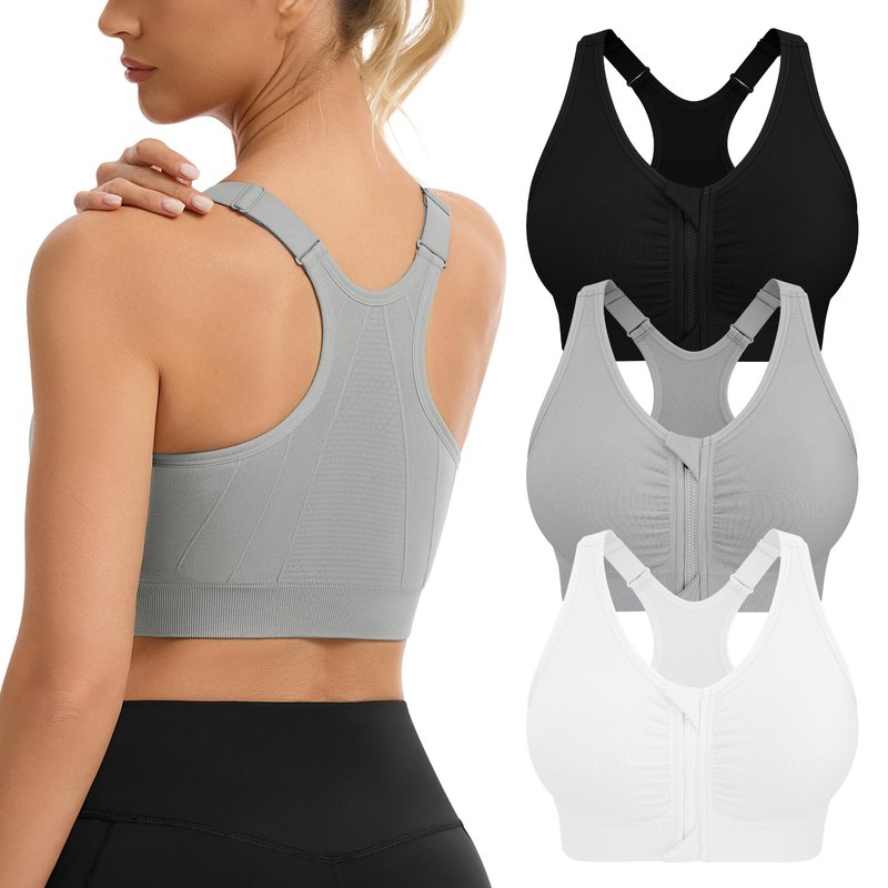 Women's Zip Front Sports Bra Adjustable Post-Surgery Bra Zipper Closure Bras Padded Surgical Bra Racerback Workout Gym Yoga Bras 3 Pack Zip Up Compression Bras