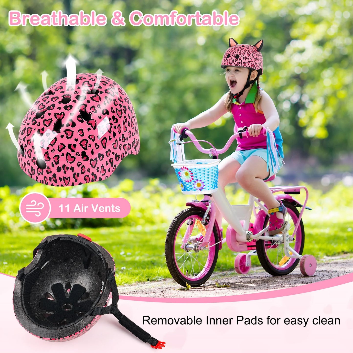 Helmet for Kids 8-14, Adjustable Kids Bike Helmet with DIY Cat Ears for Girls Youth for Skateboard Scooter Cycling Roller Skating, Pink
