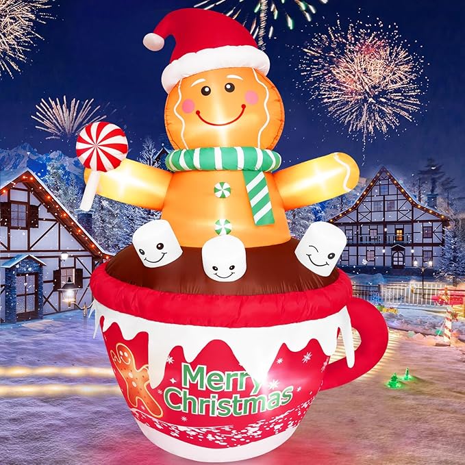 FRAMICS 7 FT Christmas Inflatable Gingerbread Outdoor Decorations, Gingerbread Man in Hot Cocoa Mug Inflatable, Cute Blow Up Yard Inflatable for Party Garden Lawn Yard Gifts Outdoor Indoor