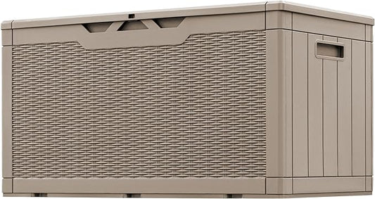 Greesum 100 Gallon Resin Patio Storage Box for Garden Tools, Outdoor Furniture Cushions, Pool Supplies, Coffee