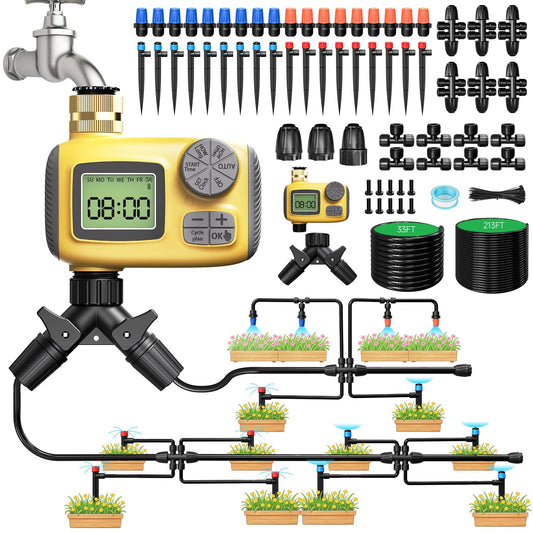 MQJIAZHI 246FT Drip Irrigation System with LCD Timer, Automatic Watering System Kits,1/2 Inch Hose 1/4 Inch Distribution Tubing 3 Sprayer Types, for Garden, Greenhouse, Garden, Lawn