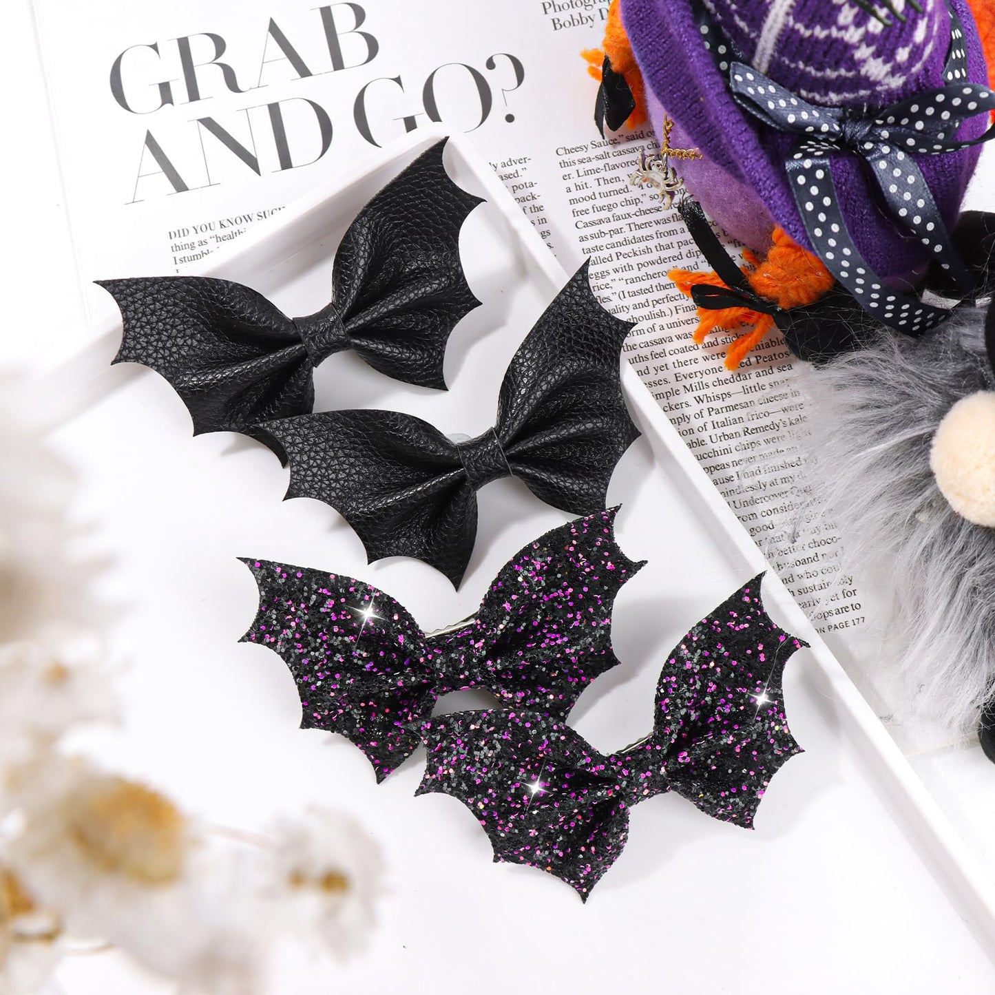 ONENINEDREAM Black Bat Hair Bow Clips, 2 Pcs PU Leather & Glitter Halloween Hair Clips with Alligator Clips, Baby Girl Toddler Halloween Bat Hair Clip, Infant Cosplay Costume Hair Accessories