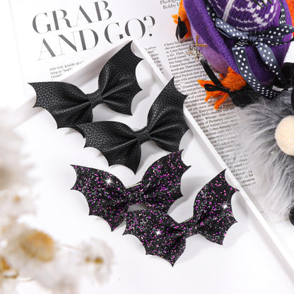ONENINEDREAM Black Bat Hair Bow Clips, 2 Pcs PU Leather & Glitter Halloween Hair Clips with Alligator Clips, Baby Girl Toddler Halloween Bat Hair Clip, Infant Cosplay Costume Hair Accessories