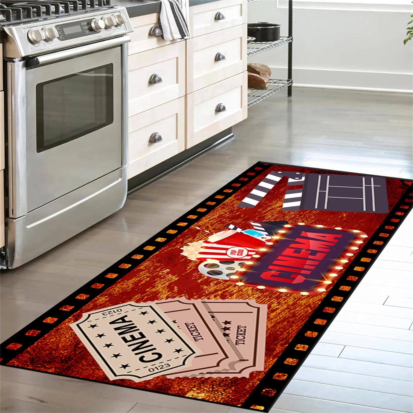 Srocvi Movie Time Long Rug Home Cinema Theatre Clapboard Ticket Popcorn Print Design Carpets for Living Room Retro Red Non-Skid Foldable Long Door Mats for Indoor Kids Bedroom Hallway Porch, 2x10ft
