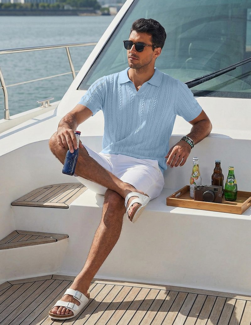 COOFANDY Knit Shirts for Men Polo Shirts Short Sleeve Casual Textured Collared Polo Shirt Golf Old Money Polos Light Blue