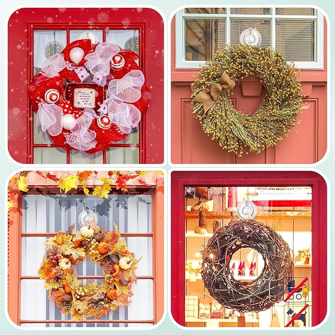 VIS'V Wreath Hanger, Large Suction Cup Wreath Hooks with Wipes, Heavy Duty, 22 LB Capacity, Removable and Reusable, Clear, 2 Pcs