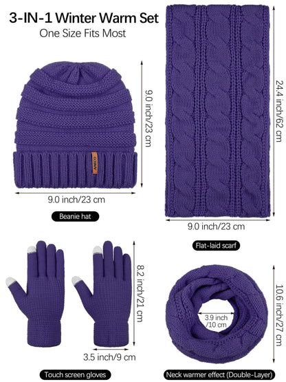 Aneco Winter Warm Knitted Scarf Beanie Hat and Gloves Set Men & Women's Soft Stretch Hat Scarf and Mitten Set